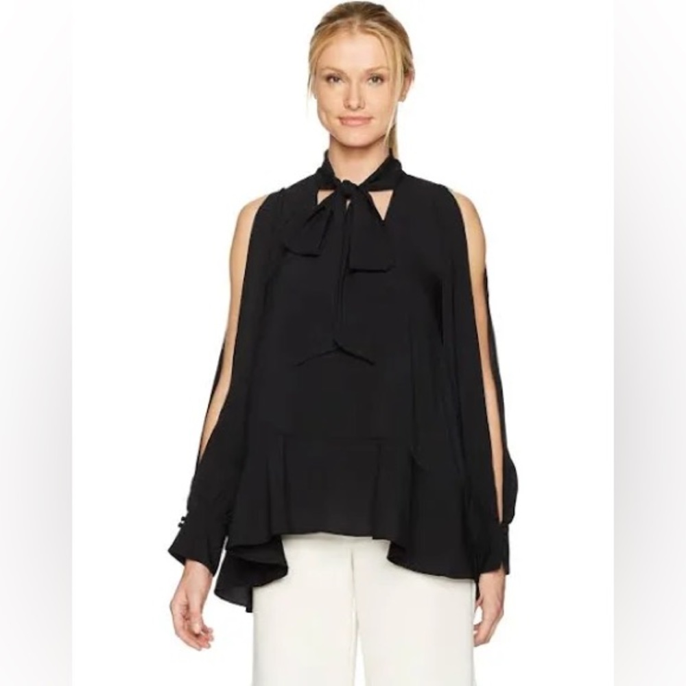 French Connection Crepe Tie-Neck Cold-Shoulder Long-Sleeve Blouse, Black, XS
